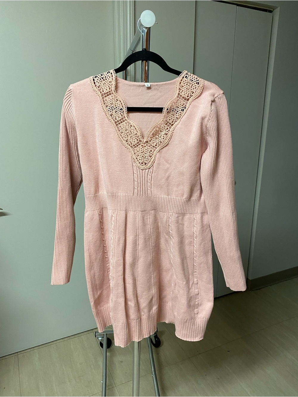 Pink Knit V-Neck Sweater Dress with Crochet Trim